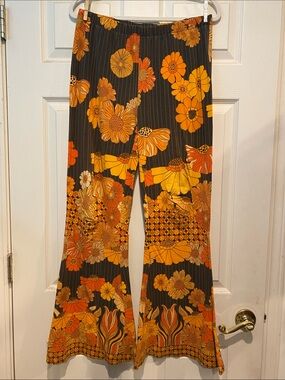 Nine Lives Bazaar Boho Flare Pants with Mustard Floral Trim